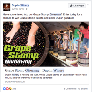 Duplin Winery's event ticket giveaway contest on Facebook