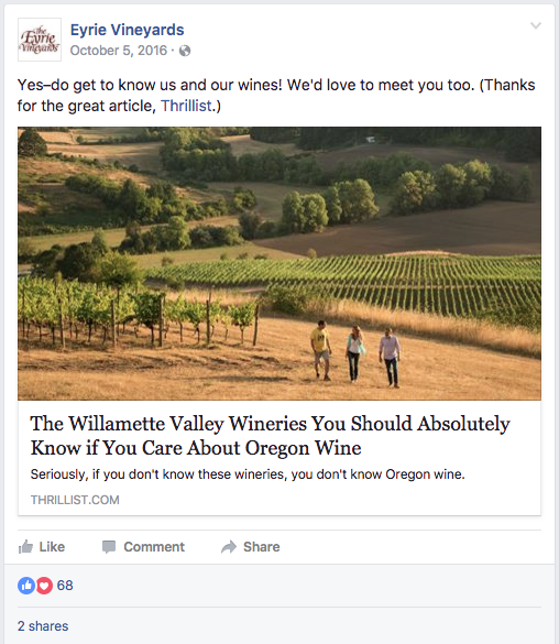 A screenshot of a successful Facebook post from Eyrie Vineyards