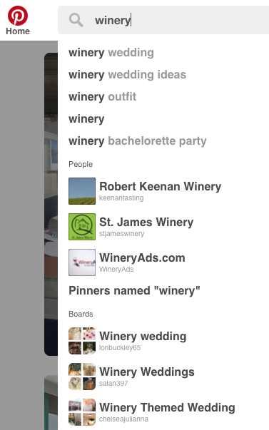 Some search predictions when typing "winery" into Pinterest