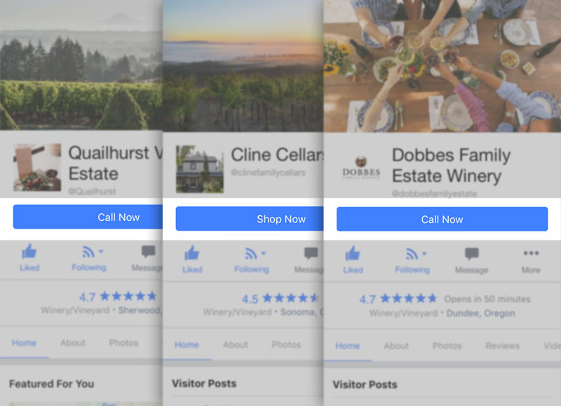 Facebook screenshots of several wineries, with their call-to-action buttons highlighted.