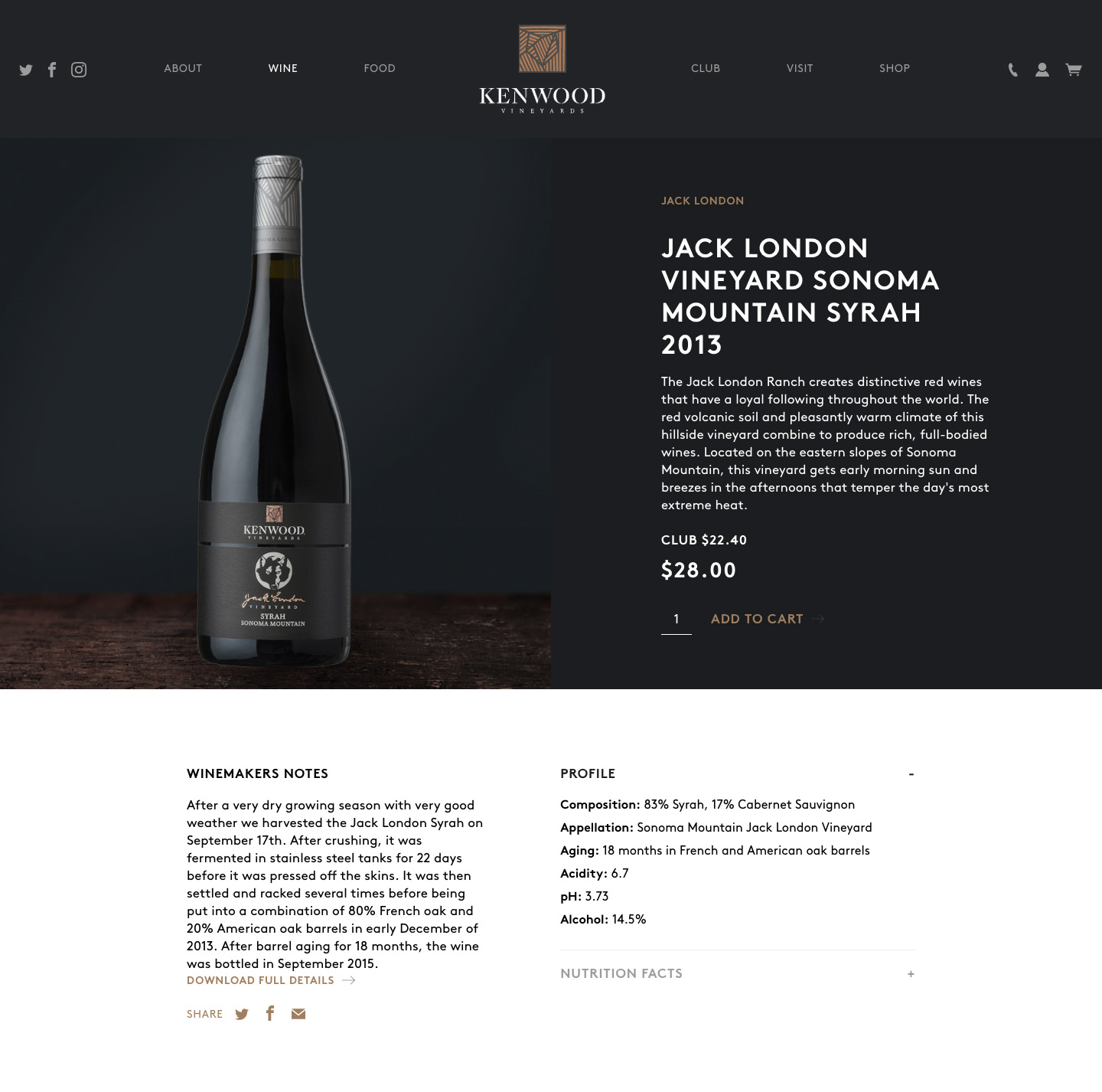 Syrah product page on Kenwood winery website