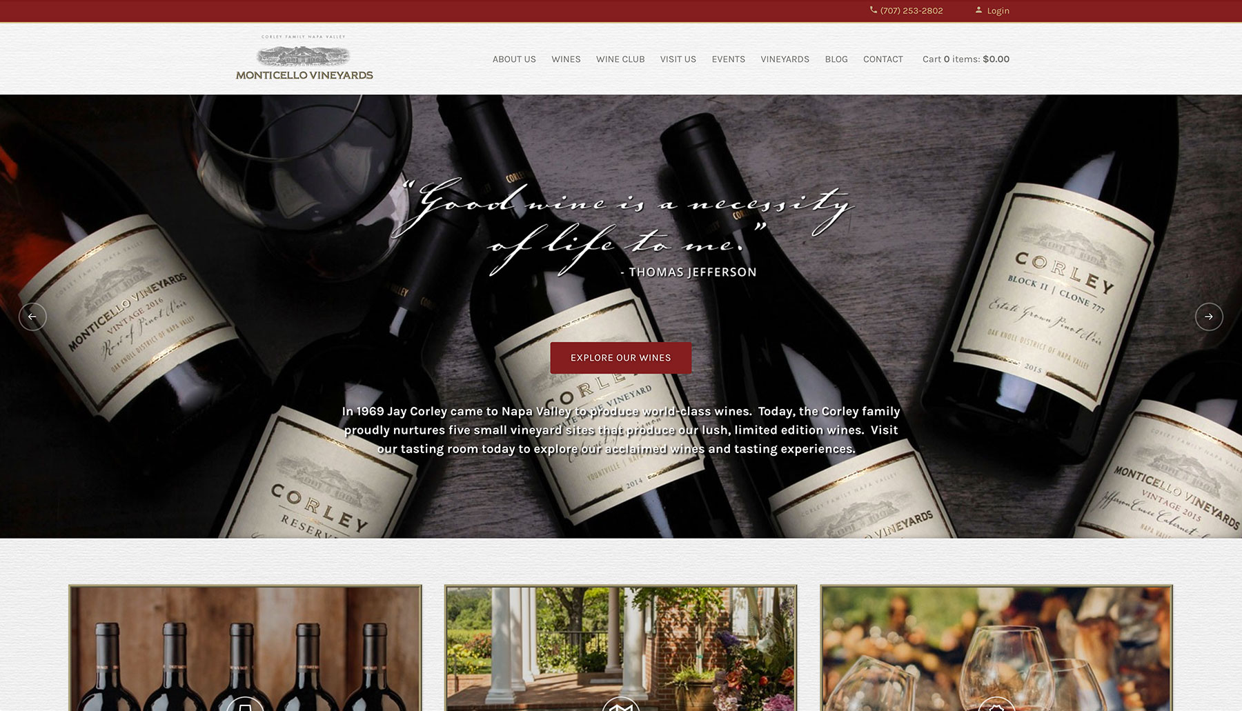 Monticello Vineyards's website, with design elements that recall a bottle of wine.