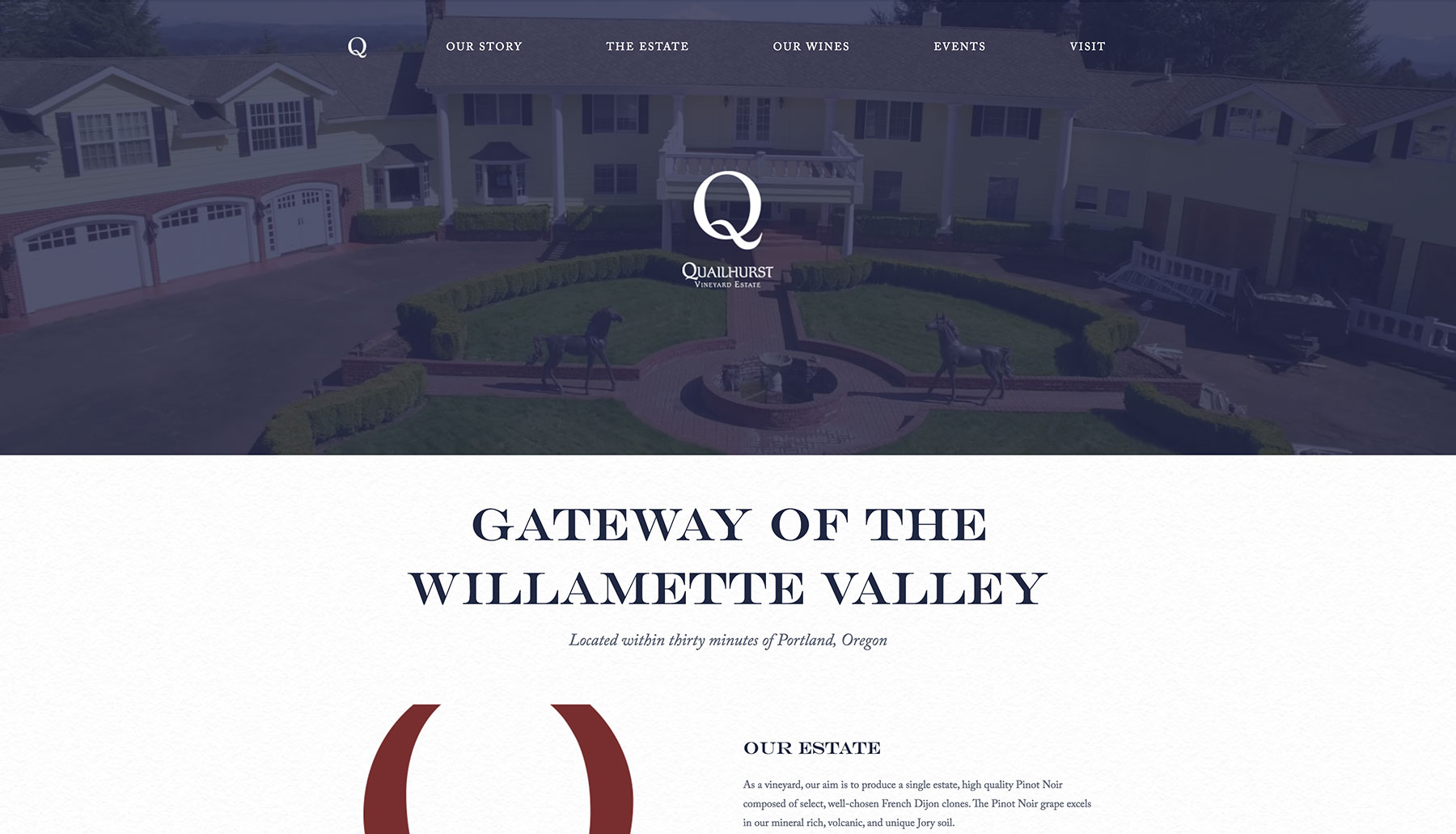 Quailhurst Vineyard Estate's home page, with a background video embedded at the top.