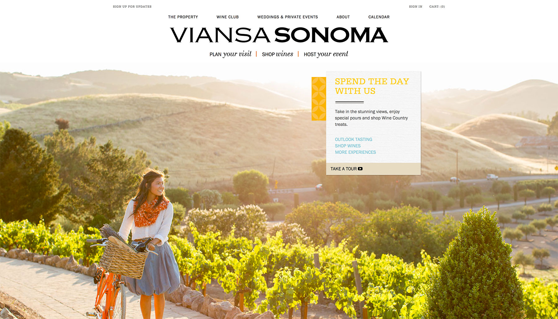 Viansa Sonoma's home page, featuring a young woman at their location.
