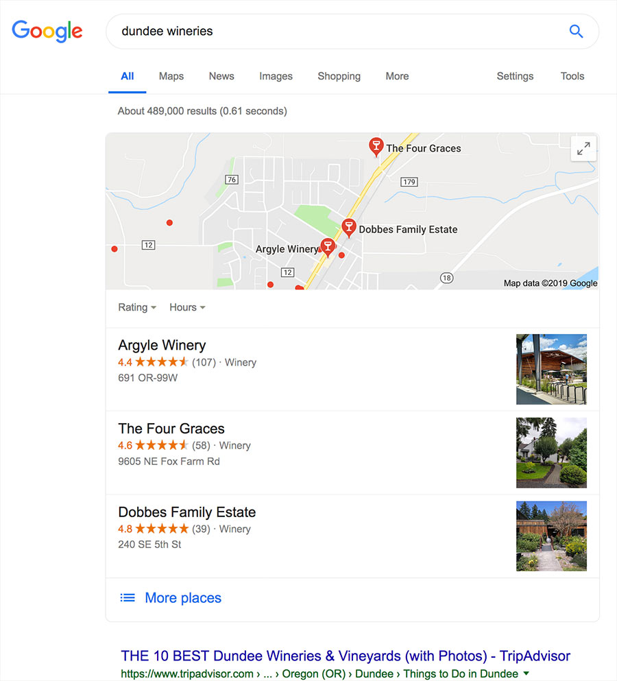 Screenshot of Google search results for "dundee wineries"