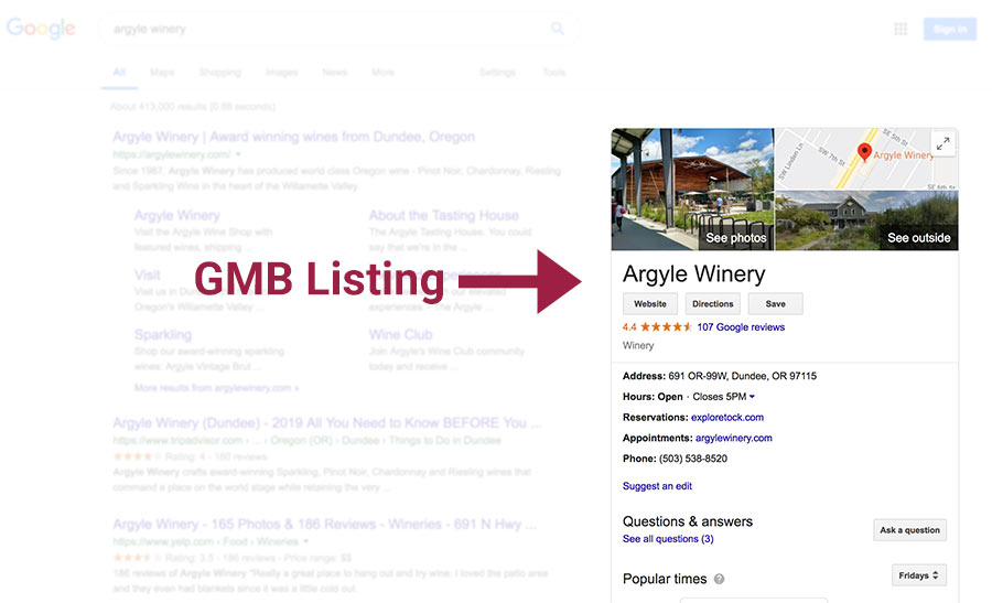 Screenshot of a winery's Google My Business listing