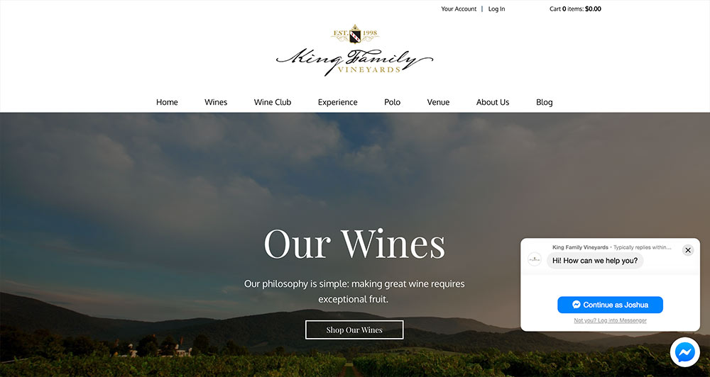 A screenshot of a winery website with a chat plugin