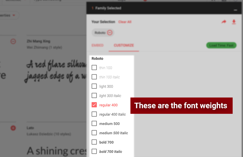 The Font Weights section in Google Fonts.