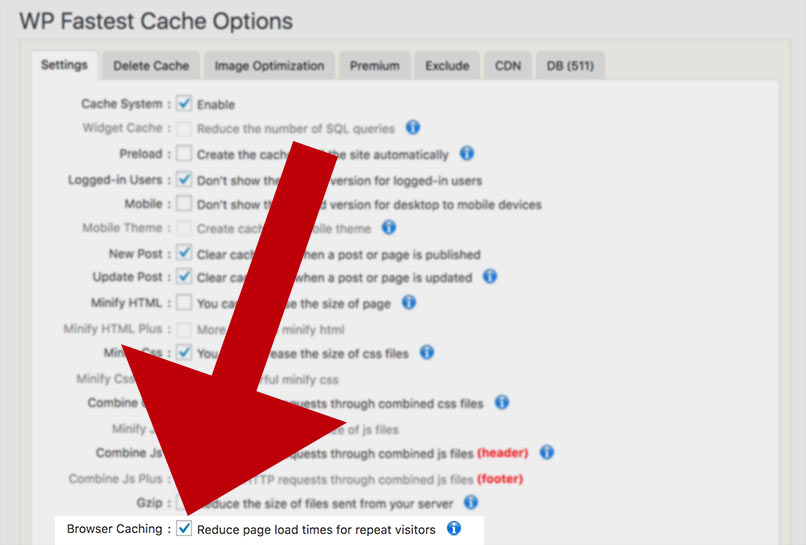 An image showing where to enable browser caching in WP Fastest Cache.